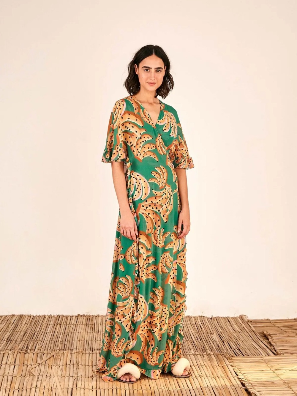 FARM RIO Green Raining Bananas Maxi Wrap Dress
